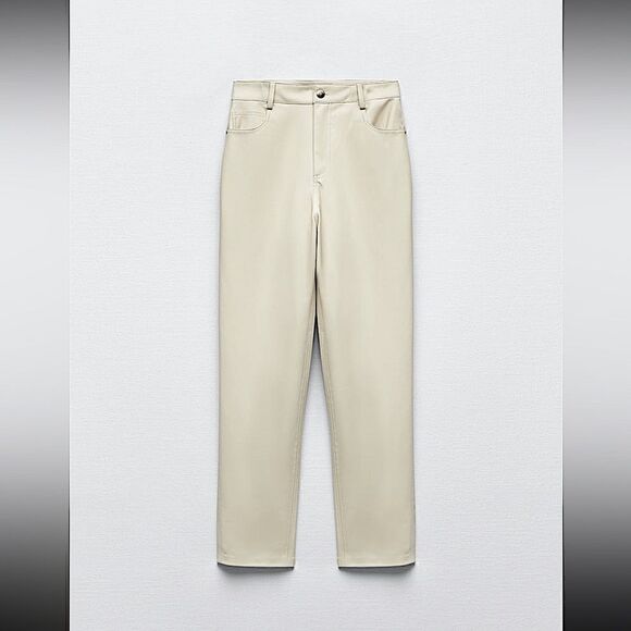 NWOT Zara Faux Beige High Rise Mom Fit Leather Pants - Picture 2 of 12